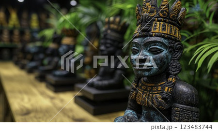 Colorful Ancient Statues Displayed with Lush Green Foliage 123483744