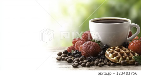 Fresh Coffee Cup with Berries and Waffle on Wooden Table Fresh Coffee Cup with Berries and Waffle on Wooden Table 123483756