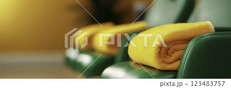 Cozy Green Chairs with Soft Yellow Towels in a Relaxing Setting Cozy Green Chairs with Soft Yellow Towels in a Relaxing Setting 123483757