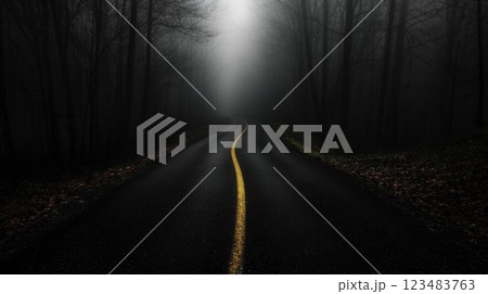 Mysterious Foggy Road Through Dark Forest at Dusk 123483763