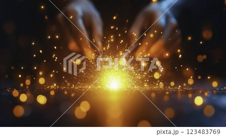 Spark Creation with Hands and Glowing Embers in Dark Environment Spark Creation with Hands and Glowing Embers in Dark Environment 123483769