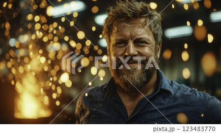 Confident Craftsman Smiling in Workshop Surrounded by Sparks Confident Craftsman Smiling in Workshop Surrounded by Sparks 123483770