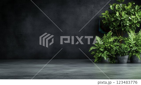 Lush Green Indoor Plants in Simple Pots Against Dark Wall 123483776
