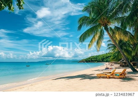 Dream beach with palm trees on the white sand, sun loungers, turquoise ocean and beautiful clouds in the sky. 123483967