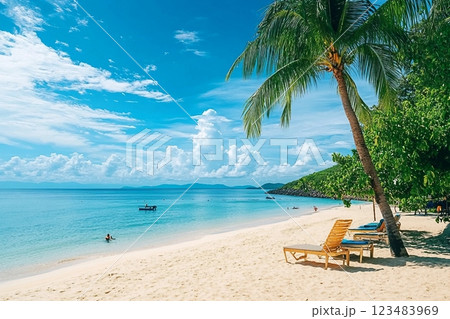Dream beach with palm trees on the white sand, sun loungers, turquoise ocean and beautiful clouds in the sky. 123483969