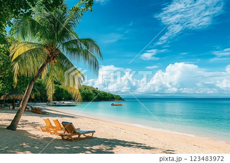 Dream beach with palm trees on the white sand, sun loungers, turquoise ocean and beautiful clouds in the sky. 123483972