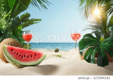 The photo of front view with summer beach background, a fine sand has sunshine and contains tropical fruits and plants such as watermelon, coconut tree, monstera leaves. Blank space for design 123484282