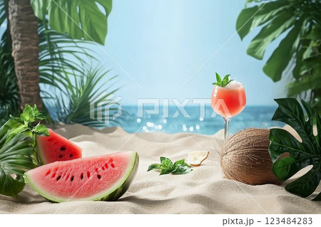 The photo of front view with summer beach background, a fine sand has sunshine and contains tropical fruits and plants such as watermelon, coconut tree, monstera leaves. Blank space for design The photo of front view with summer beach background, a fine sand has sunshine and contains tropical fruits and plants such as watermelon, coconut tree, monstera leaves. Blank space for design 123484283