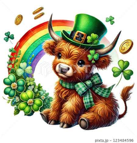 Cute St. Patricks Day Highland Cow Clipart. Irish Baby Highland Cow. Lucky Clover Festive Illustration Cute St. Patricks Day Highland Cow Clipart. Irish Baby Highland Cow. Lucky Clover Festive Illustration 123484596