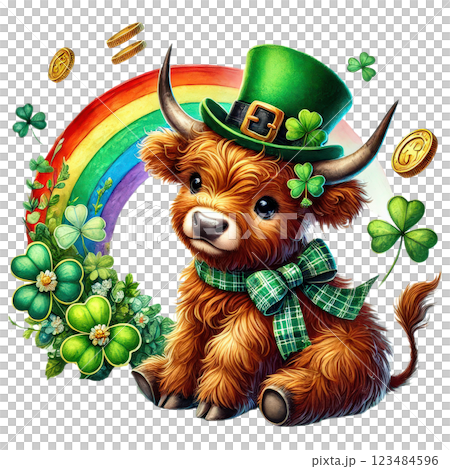 Cute St. Patricks Day Highland Cow Clipart. Irish Baby Highland Cow. Lucky Clover Festive Illustration Cute St. Patricks Day Highland Cow Clipart. Irish Baby Highland Cow. Lucky Clover Festive Illustration 123484596