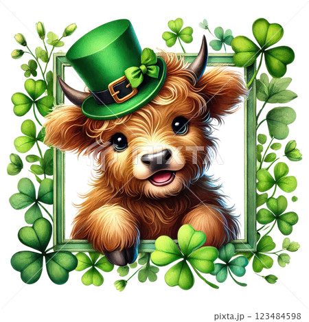 Cute St. Patrick Day Highland Cow Clipart. Irish Baby Highland Cow. Lucky Clover Festive Illustration Cute St. Patrick Day Highland Cow Clipart. Irish Baby Highland Cow. Lucky Clover Festive Illustration 123484598