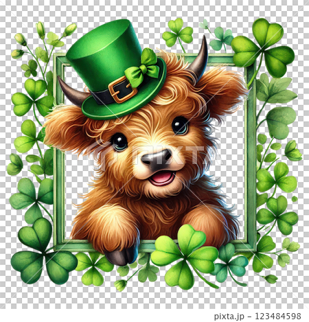 Cute St. Patrick Day Highland Cow Clipart. Irish Baby Highland Cow. Lucky Clover Festive Illustration Cute St. Patrick Day Highland Cow Clipart. Irish Baby Highland Cow. Lucky Clover Festive Illustration 123484598
