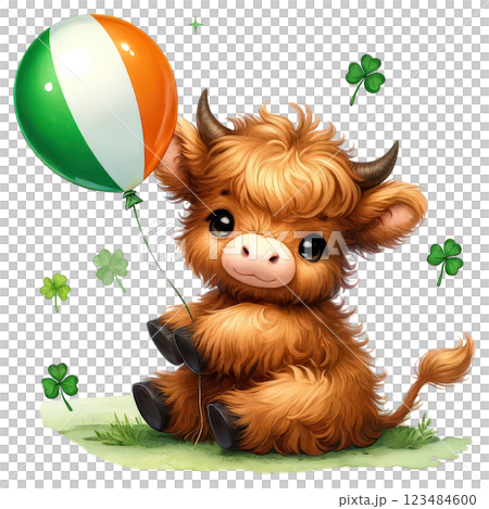 Cute St. Patrick Day Highland Cow Clipart. Irish Baby Highland Cow. Lucky Clover Festive Illustration 123484600