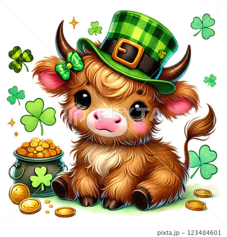 Cute St. Patrick Day Highland Cow Clipart. Irish Baby Highland Cow. Lucky Clover Festive Illustration 123484601