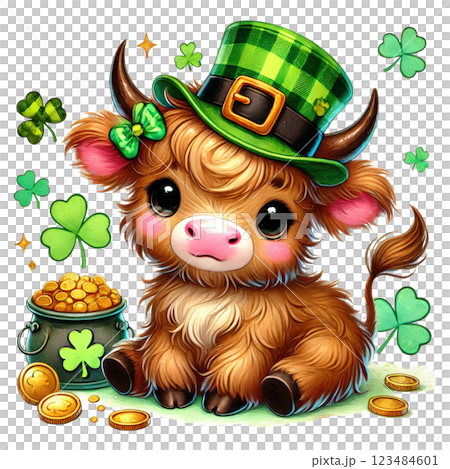Cute St. Patrick Day Highland Cow Clipart. Irish Baby Highland Cow. Lucky Clover Festive Illustration 123484601
