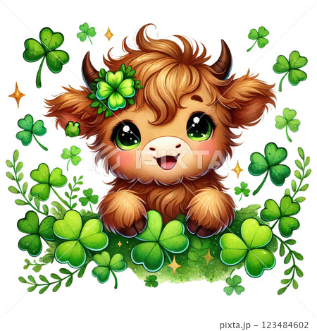 Cute St. Patrick Day Highland Cow Clipart. Irish Baby Highland Cow. Lucky Clover Festive Illustration 123484602