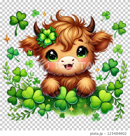 Cute St. Patrick Day Highland Cow Clipart. Irish Baby Highland Cow. Lucky Clover Festive Illustration 123484602