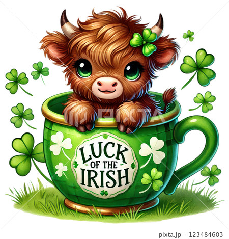 Cute St. Patrick Day Highland Cow Clipart. Irish Baby Highland Cow. Lucky Clover Festive Illustration Cute St. Patrick Day Highland Cow Clipart. Irish Baby Highland Cow. Lucky Clover Festive Illustration 123484603