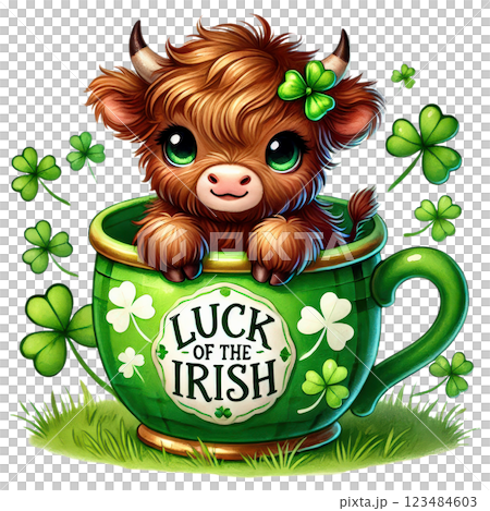 Cute St. Patrick Day Highland Cow Clipart. Irish Baby Highland Cow. Lucky Clover Festive Illustration Cute St. Patrick Day Highland Cow Clipart. Irish Baby Highland Cow. Lucky Clover Festive Illustration 123484603