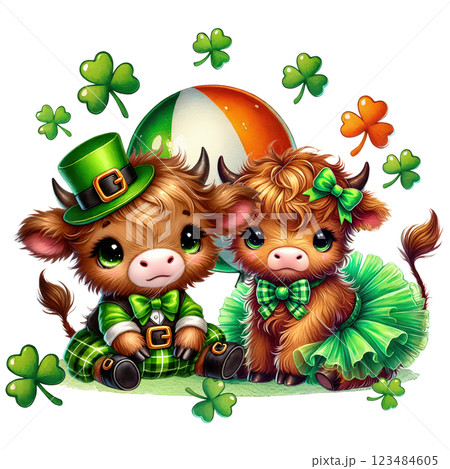 Cute St. Patrick Day Highland Cow Clipart. Irish Baby Highland Cow. Lucky Clover Festive Illustration 123484605