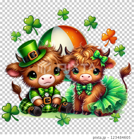 Cute St. Patrick Day Highland Cow Clipart. Irish Baby Highland Cow. Lucky Clover Festive Illustration 123484605