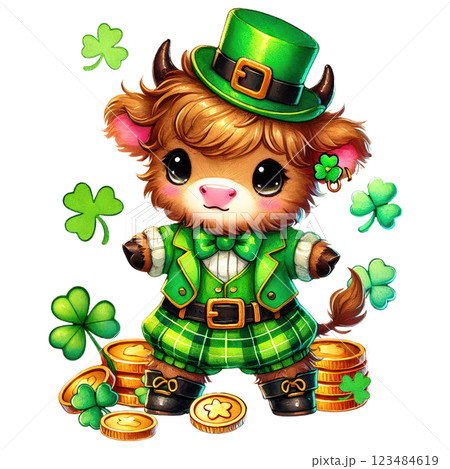 Cute St. Patrick Day Highland Cow Clipart. Irish Baby Highland Cow Collection. Lucky Clover Festive PNG Illustration 123484619