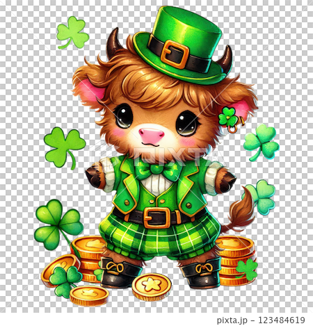Cute St. Patrick Day Highland Cow Clipart. Irish Baby Highland Cow Collection. Lucky Clover Festive PNG Illustration 123484619
