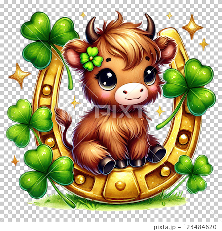 Cute St. Patrick Day Highland Cow Clipart. Irish Baby Highland Cow Collection. Lucky Clover Festive PNG Illustration Cute St. Patrick Day Highland Cow Clipart. Irish Baby Highland Cow Collection. Lucky Clover Festive PNG Illustration 123484620
