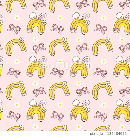 Retro School Easter Seamless Pattern, Rainbow Pencil Rainbow with Bunny Ears wallpaper background Retro School Easter Seamless Pattern, Rainbow Pencil Rainbow with Bunny Ears wallpaper background 123484683