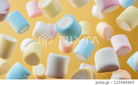 沢山のカラフルなマシュマロが落ちている、黄色背景 123484865