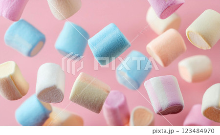 沢山のカラフルなマシュマロが落ちている、ピンク色背景 沢山のカラフルなマシュマロが落ちている、ピンク色背景 123484970