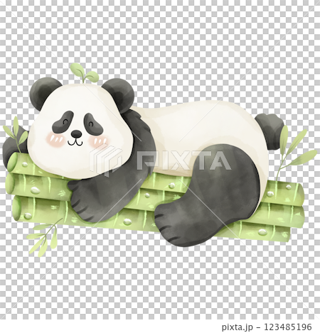 Cartoon panda sleeping on a bamboo stalk, hand drawn watercolor 123485196