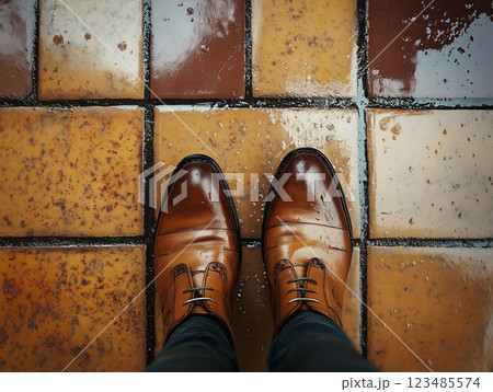 濡れた路面と革靴 梅雨の外出イメージ 濡れた路面と革靴 梅雨の外出イメージ 123485574