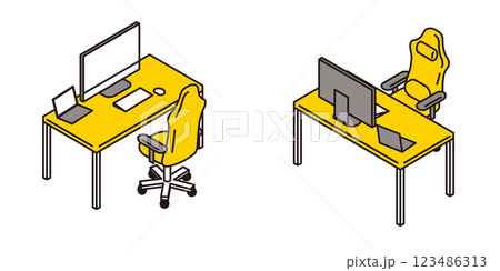 前面と背面から見たワークデスクセットのシンプルなアイソメトリックイラスト 前面と背面から見たワークデスクセットのシンプルなアイソメトリックイラスト 123486313