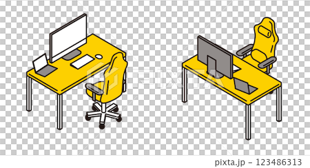 前面と背面から見たワークデスクセットのシンプルなアイソメトリックイラスト 前面と背面から見たワークデスクセットのシンプルなアイソメトリックイラスト 123486313