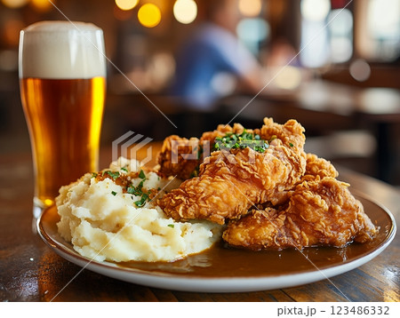 サクサクのフライドチキンとマッシュポテトのプレート ビールと共に  123486332