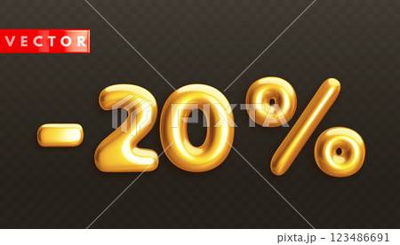 Minus 20. Metallic twenty percent. Golden 3d off discount numbers 123486691