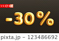 Minus 30. Metallic thirty percent. Golden 3d off discount numbers 123486692