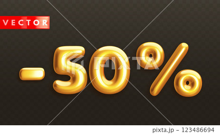 Minus 50. Metallic fifty percent. Golden 3d off discount numbers 123486694