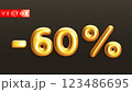 Minus 60. Metallic sixty percent. Golden 3d off discount numbers 123486695