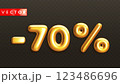 Minus 70. Metallic seventy percent. Golden 3d off discount numbers 123486696