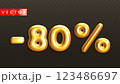 Minus 80. Metallic eighty percent. Golden 3d off discount numbers 123486697