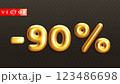 Minus 90. Metallic ninety percent. Golden 3d off discount numbers 123486698