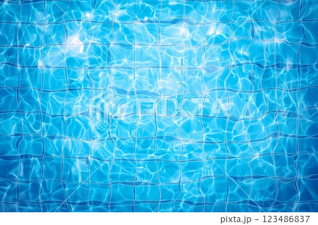 Swimming pool bottom caustics ripple and flow with waves background. Summer background. Texture of water surface. Overhead view. Vector illustration background 123486837