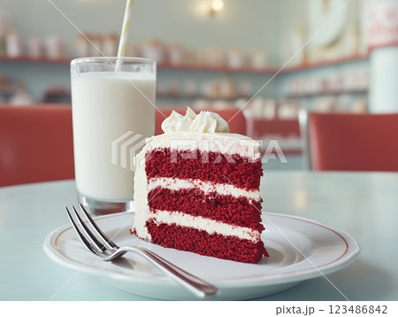 クラシックなダイナーで楽しむレッドベルベットケーキとミルク  123486842