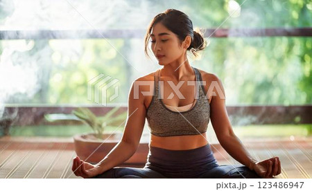 ホットヨガで汗を流しながらヨガをする女性 ホットヨガで汗を流しながらヨガをする女性 123486947