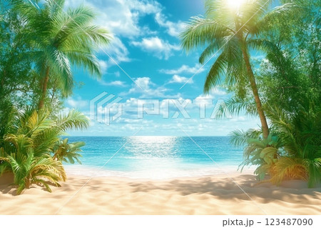 Sunny tropical Caribbean beach with palm trees and turquoise water, caribbean island vacation, hot summer day. 3D render. Sunny tropical Caribbean beach with palm trees and turquoise water, caribbean island vacation, hot summer day. 3D render. 123487090