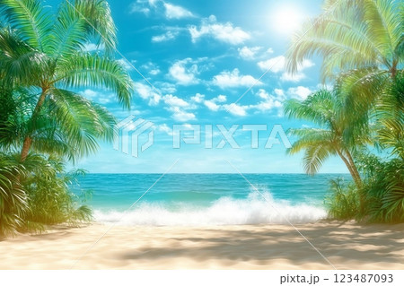 Sunny tropical Caribbean beach with palm trees and turquoise water, caribbean island vacation, hot summer day. 3D render. 123487093