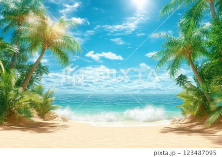 Sunny tropical Caribbean beach with palm trees and turquoise water, caribbean island vacation, hot summer day. 3D render. Sunny tropical Caribbean beach with palm trees and turquoise water, caribbean island vacation, hot summer day. 3D render. 123487095