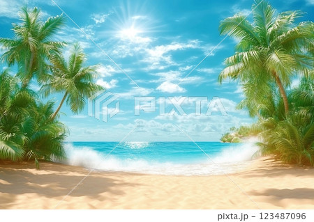 Sunny tropical Caribbean beach with palm trees and turquoise water, caribbean island vacation, hot summer day. 3D render. 123487096